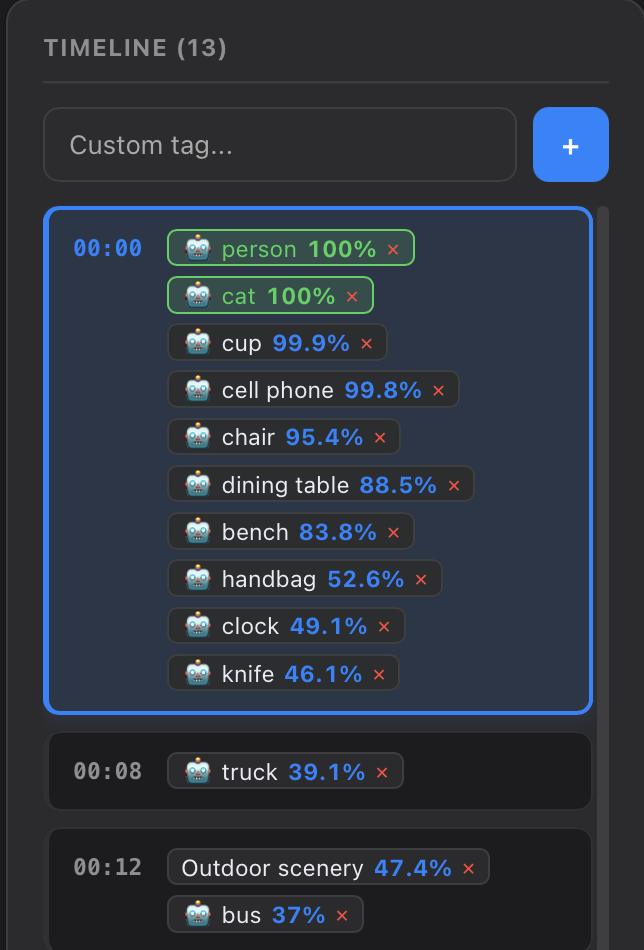 AI Vision — timeline con tag oggetti per frame