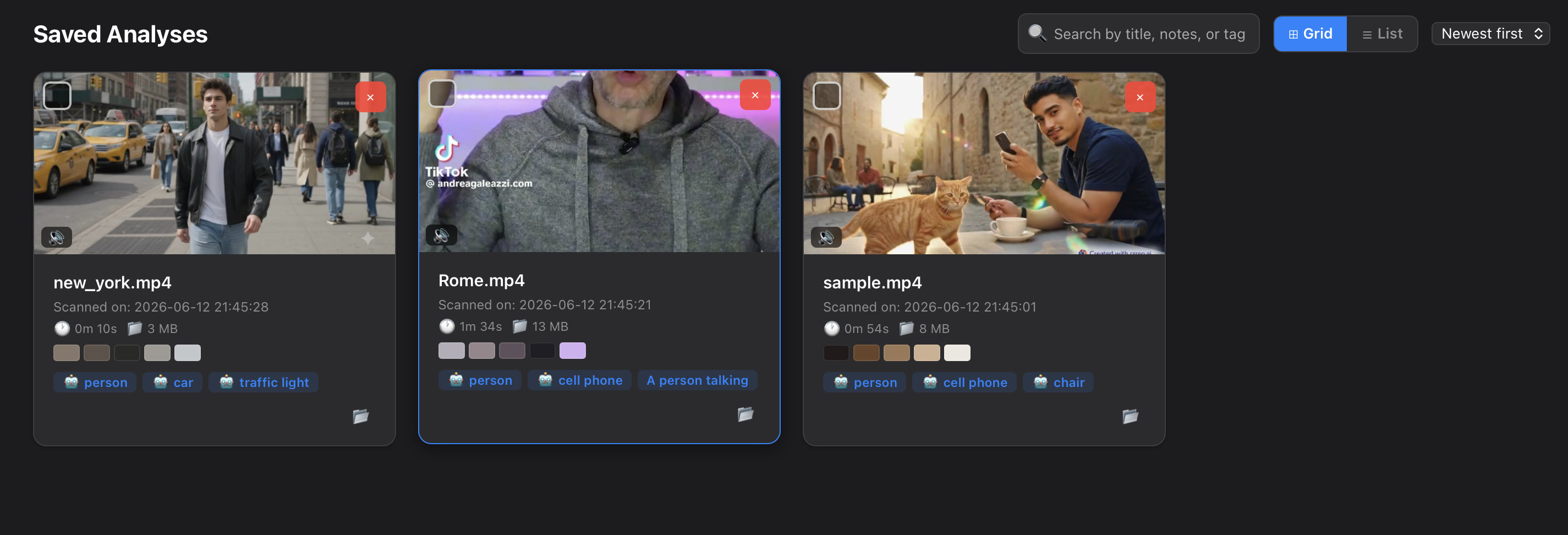 Video Library — vista lista con tag AI